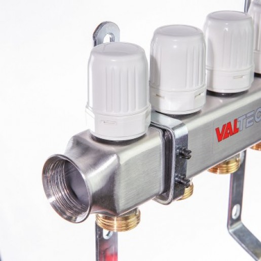Колекторний блок Valtec VTC.586 з нержавіючої сталі з термостатичними клапанами і витратомірами