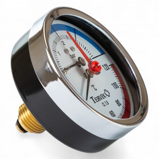 357816 термоманометр Tervix Pro Line 80/0-4 бар, 0-120 С аксіальний, з монтажним клапаном 1/2"
