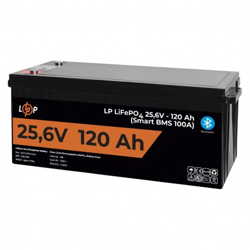 Акумулятор LP LiFePO4 25,6V - 120 Ah (3072Wh) (Smart BMS 100А) з BT пластик для ДБЖ